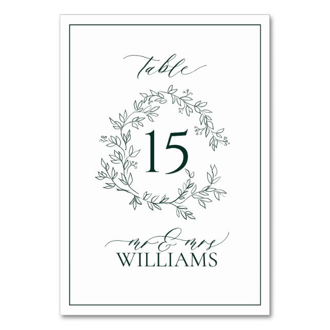 Emerald Green Leafy Crest Monogram Wedding Table Number (Front)
