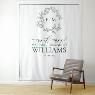 Emerald Green Leafy Crest Monogram Wedding Tapestry