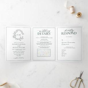 Emerald Green Leafy Crest Monogram Wedding Tri-Fold Invitation