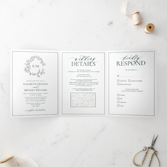 Emerald Green Leafy Crest Monogram Wedding Tri-Fold Invitation (Inside)