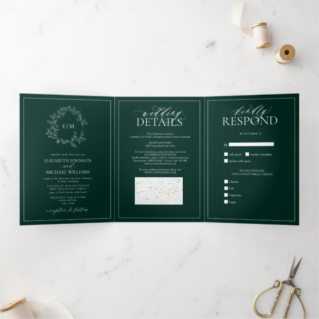 Emerald Green Leafy Crest Monogram Wedding Tri-Fold Invitation (Inside)