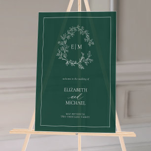 Emerald Green Leafy Crest Monogram Welcome Wedding Acrylic Sign