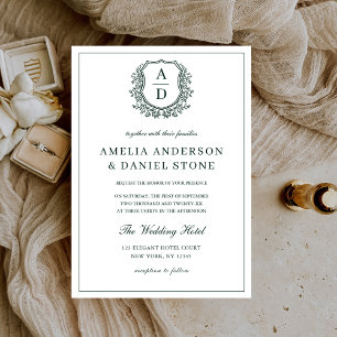 Emerald Green Leafy Floral Crest Monogram Wedding Invitation