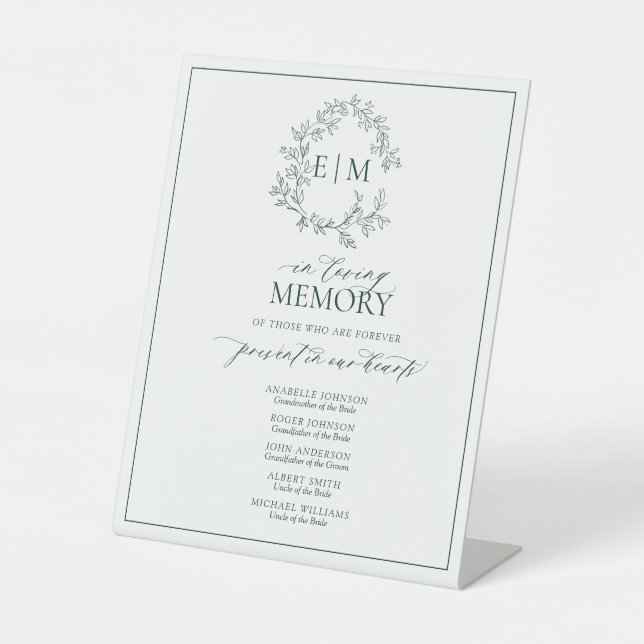 Emerald Green Leafy Monogram In Loving Memory Pedestal Sign (Front)