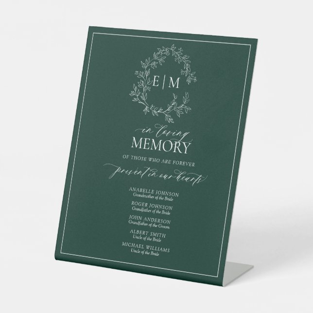 Emerald Green Leafy Monogram In Loving Memory Pedestal Sign (Front)