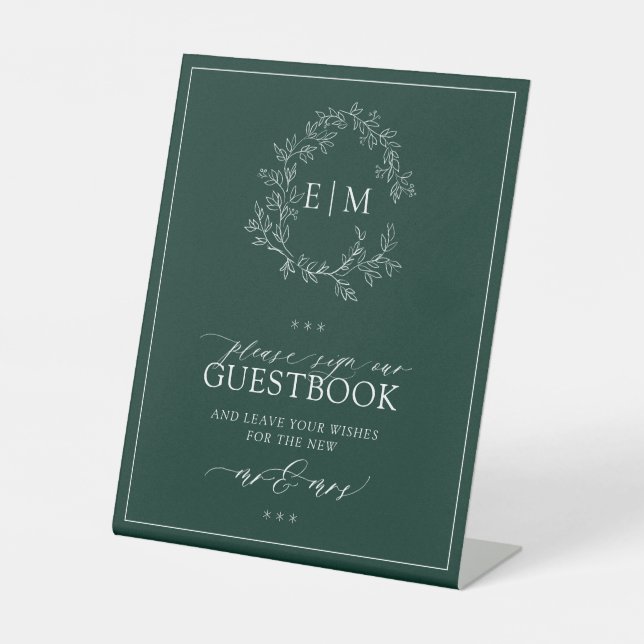 Emerald Green Leafy Monogram Wedding Guestbook Pedestal Sign (Front)