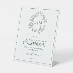 Emerald Green Leafy Monogram Wedding Guestbook Pedestal Sign