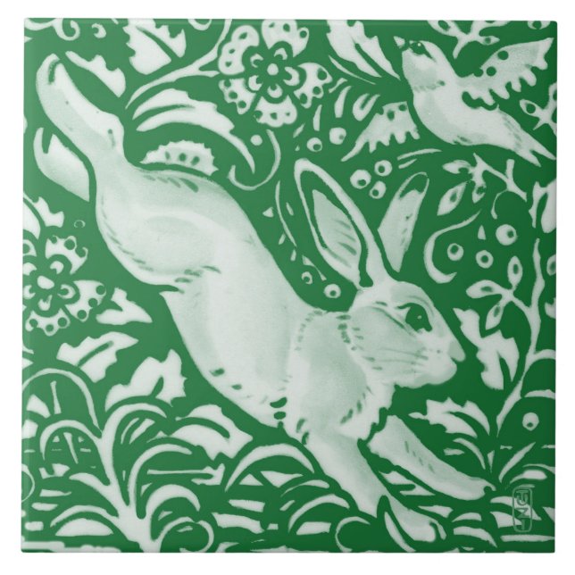 Emerald Green Leaping Rabbit Bunny Floral Garden  Tile (Front)