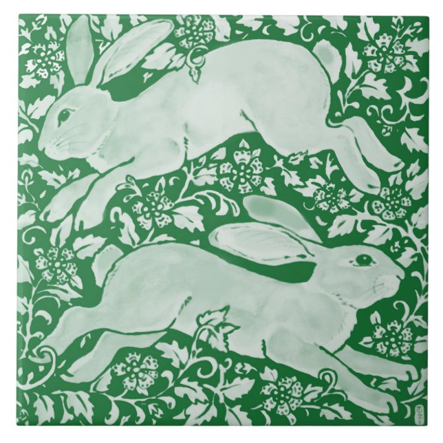 Emerald Green Leaping Rabbits Chinoiserie Floral  Tile (Front)