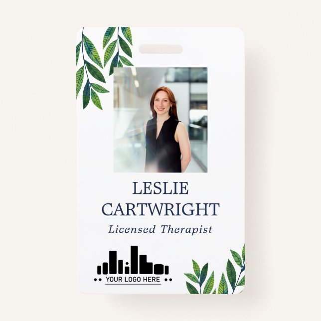Emerald Green Leaves Id Photo & Logo ID Badge (Front)