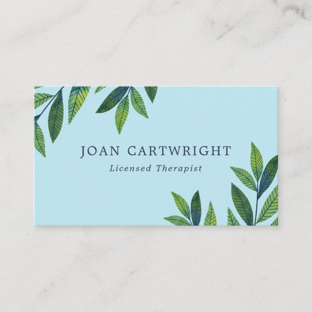 Emerald Green Leaves Light Blue Therapist Business Card (Front)