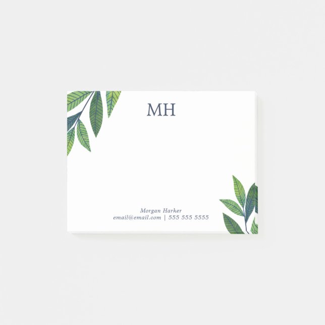 Emerald Green Leaves Monogram Post-it Notes (Front)