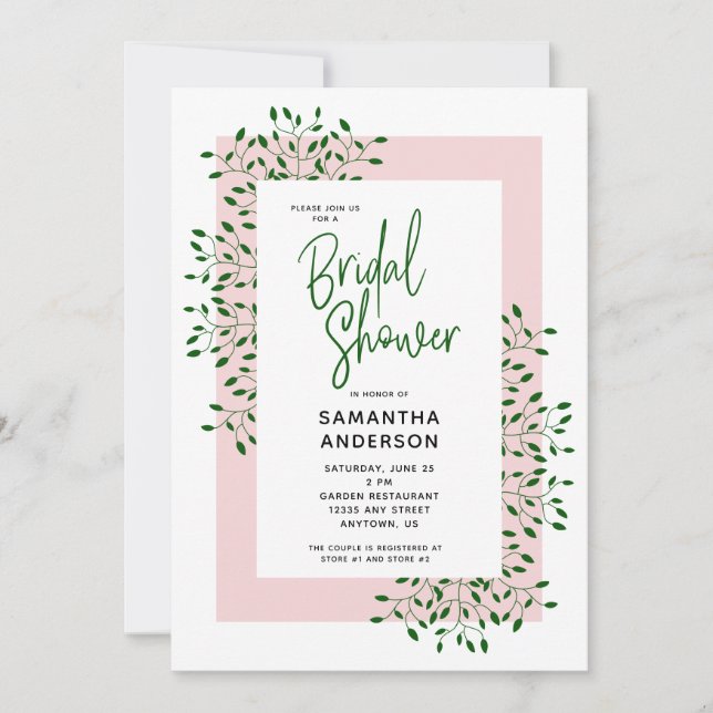 Emerald Green Leaves Script Pink Bridal Shower Invitation (Front)