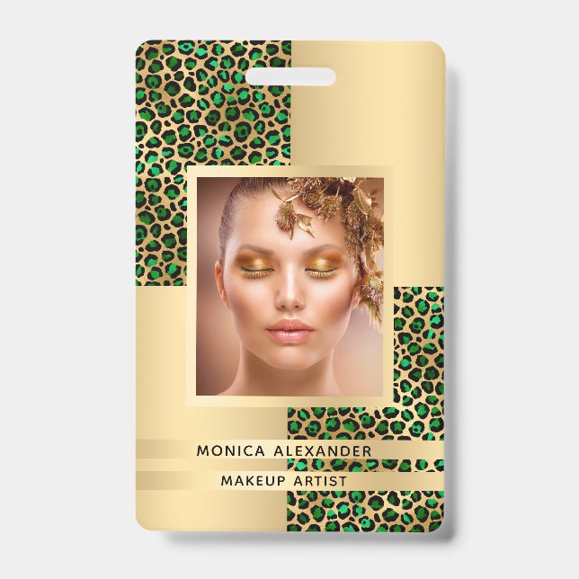 Emerald green leopard gold photo beauty ID badge (Front)
