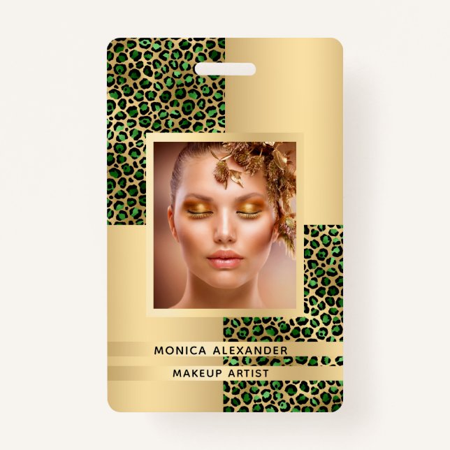 Emerald green leopard gold photo beauty ID badge (Front)