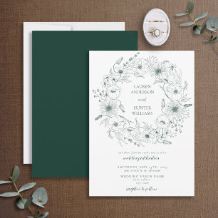 Emerald Green Line Art Floral Wreath Wedding Invitation