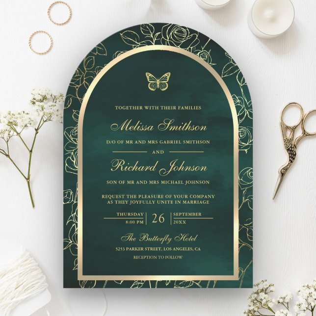 Emerald Green Line Art Gold Arch Butterfly Wedding Invitation (Creator Uploaded)