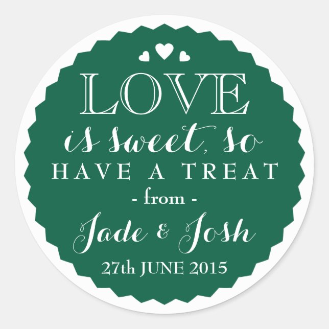 Emerald Green Love is Sweet Bottle Cap Style Favou Classic Round Sticker (Front)
