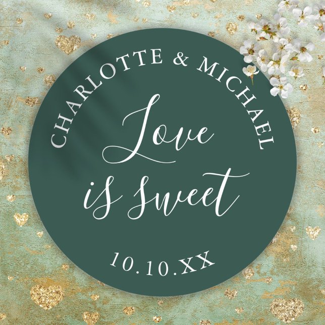 Emerald Green Love Is Sweet Wedding Favor  Classic Round Sticker (Emerald Green Love Is Sweet Wedding Favor Classic Round Sticker)