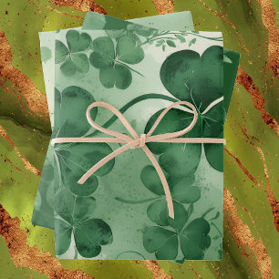 Emerald Green Lucky Shamrocks Vintage Watercolor  Wrapping Paper Sheet