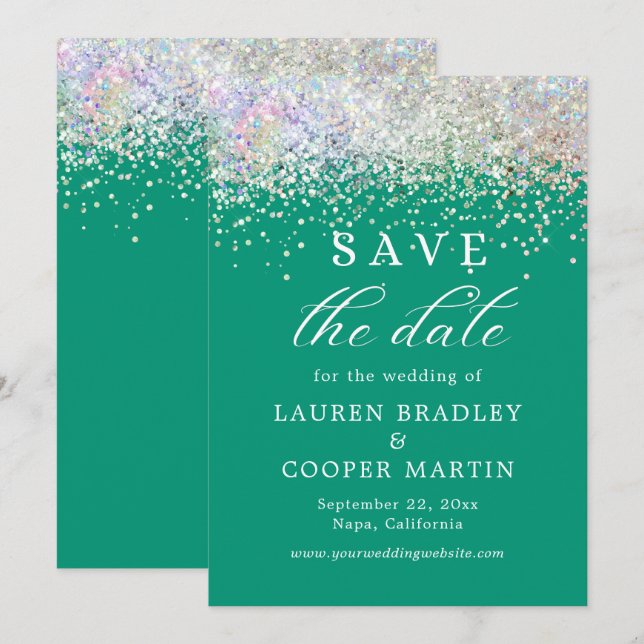 Emerald Green Luxury Glitter Wedding Save The Date (Front/Back)