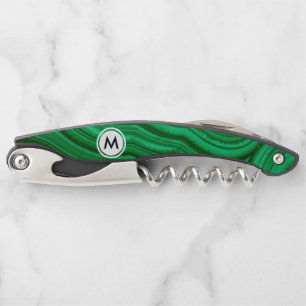 Emerald Green Malachite Texture with Monogram Corkscrew