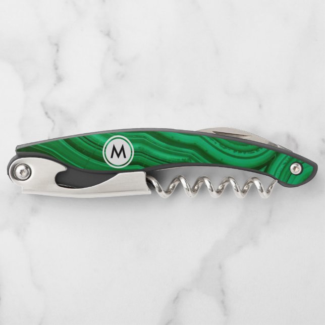 Emerald Green Malachite Texture with Monogram Corkscrew (Front)
