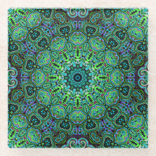 Emerald Green Mandala design Glass Coaster