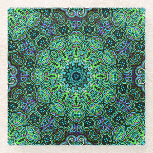 Emerald Green Mandala design Glass Coaster (Front)