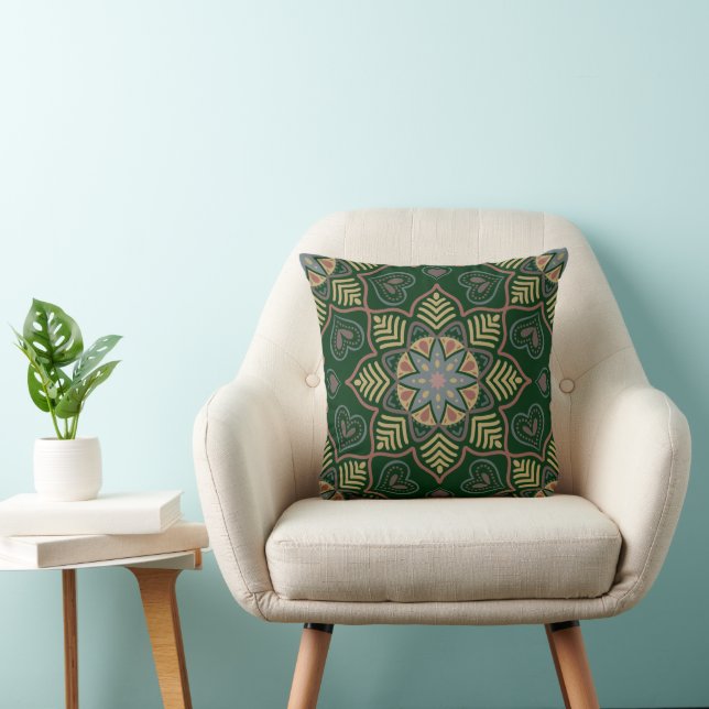 Emerald Green Mandala Flower Bohemian Pattern Cushion (Chair)