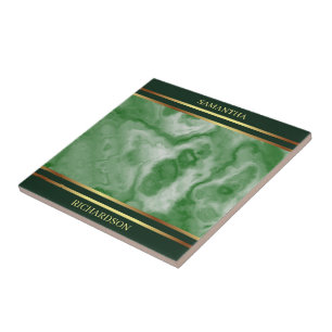 Emerald Green Marble And Gold Stripes Name Tile