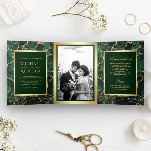 Emerald Green Marble Faux Gold Foil Photo Wedding Tri-Fold Invitation