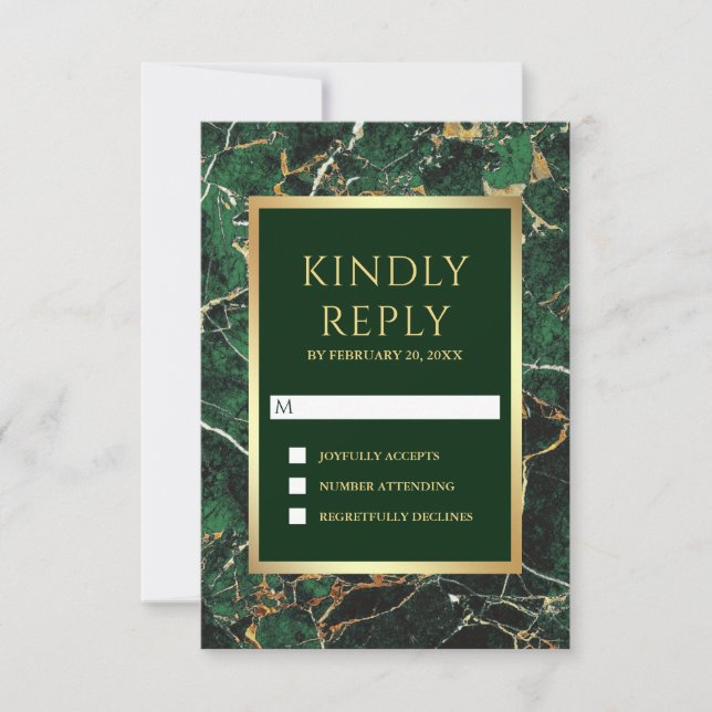 Emerald Green Marble Faux Gold Foil Wedding RSVP Card (Front)