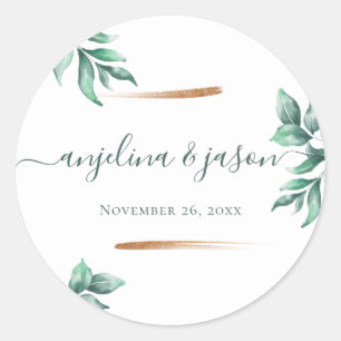 Emerald Green Marble & Gold Eucalyptus Wedding  Classic Round Sticker