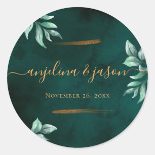 Emerald Green Marble & Gold Eucalyptus Wedding  Classic Round Sticker