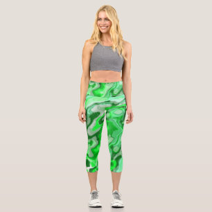 Emerald Green Marble Texture Abstract Liquid Paint Capri Leggings