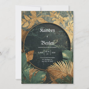 Emerald Green Marble Tropical Circle Frame Wedding Invitation