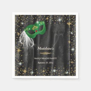 Emerald Green Masquerade Black Damask Gold Stars Napkin