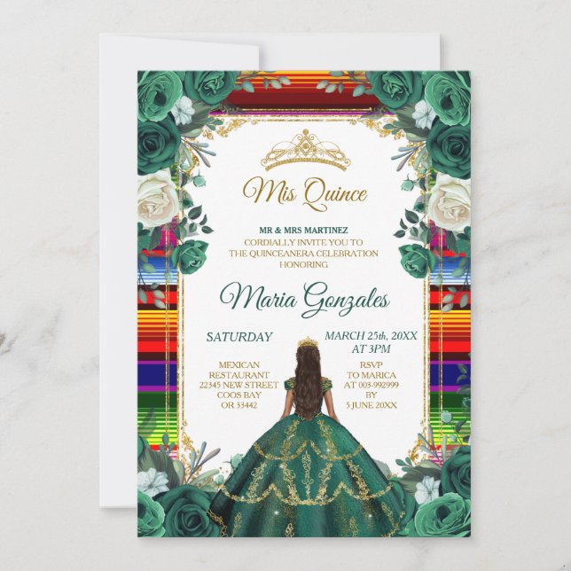 Emerald Green & Mexican Blanket Girl sweet 16th Invitation (Front)