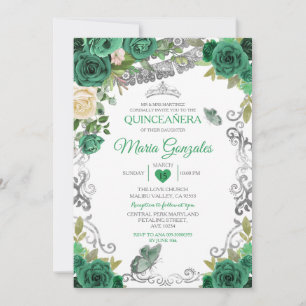 Emerald Green Mexican Charra Mis Quince Butterfly Invitation