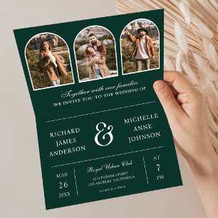 Emerald Green Minimal Arch Photo QR code Wedding Invitation