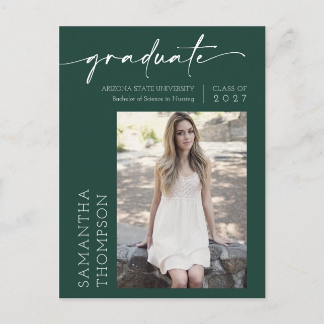 Emerald Green Minimal Script She Did It Photo Grad Postcard (Front)