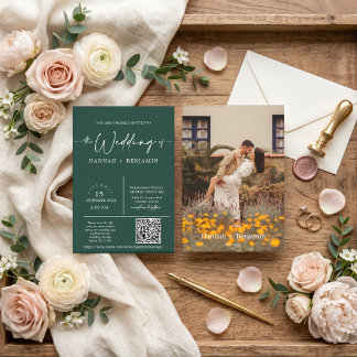 Emerald Green Minimal Wedding Arch QR Code Photo Invitation