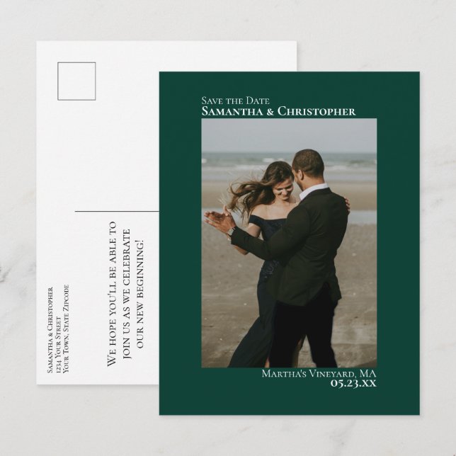 Emerald Green Minimal Wedding Photo Save The Date Announcement Postcard (Front/Back)