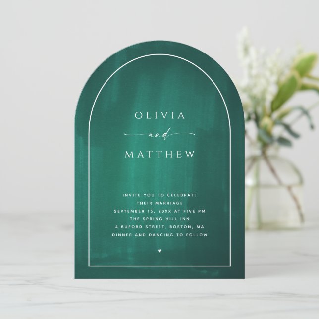Emerald green minimalist geometrical arch wedding invitation (Standing Front)