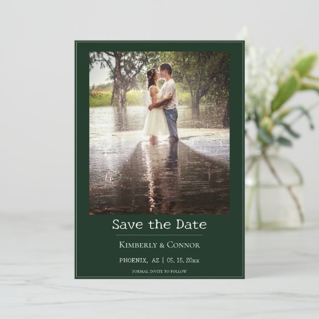 Emerald Green Minimalist Modern Photo  Save The Date (Standing Front)
