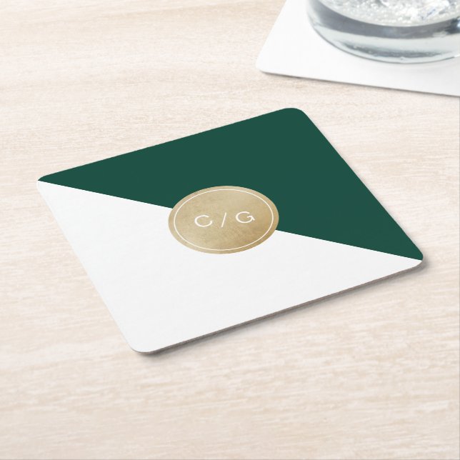 Emerald green minimalist modern wedding monogram square paper coaster (Angled)