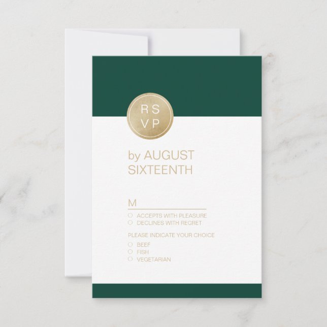Emerald green minimalist modern wedding RSVP (Front)