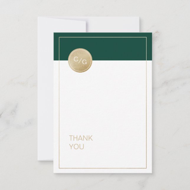 Emerald green minimalist modern wedding thank you card (Front)