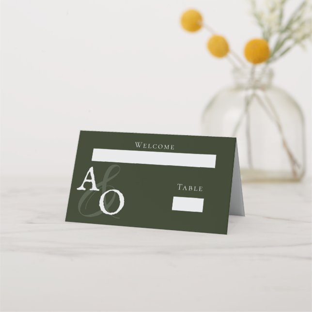 Emerald Green Minimalist Monogram Place Card (Front)